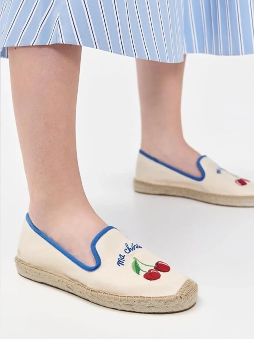 Soludos Ma Chérie Cherry Embroidered Espadrilles in White with Blue Trim